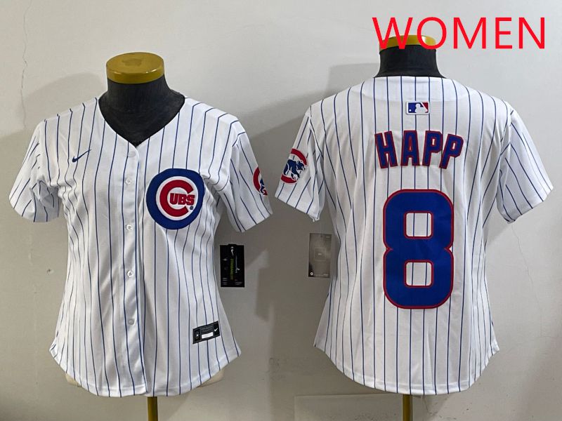 Women 2025 Chicago Cubs #8 Happ White Stripe Game Nike MLB Jersey style 1